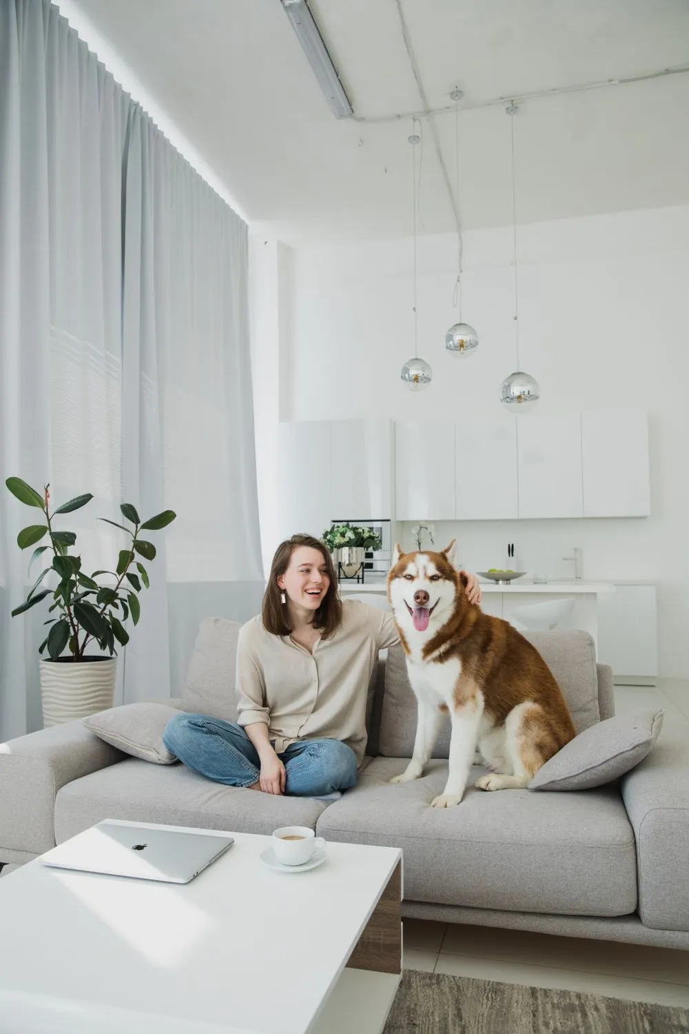 Mujer con su perro en el sofá creando el evento de la mascota en línea